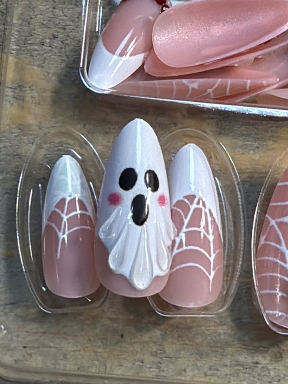 Halloween Spider Web & Ghost Press-On Nails 24 Pcs Nude & White With Red Rhinest - Picture 4 of 7